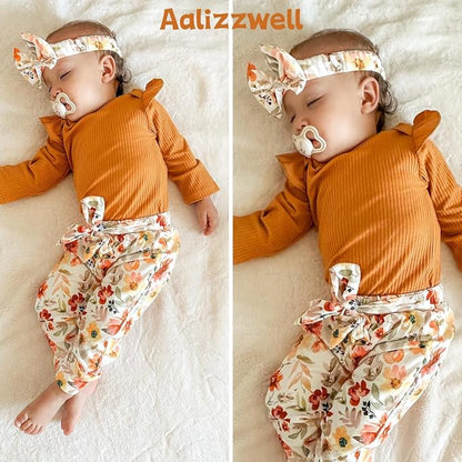 Aalizzwell Preemie Newborn Infant Baby Girls Clothes Ribbed Romper Bodysuit Pants Set Fall Winter Outfits