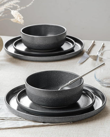 Famiware Milkyway Plates and Bowls Sets, 24 Pieces Dinnerware Sets, Reactive Glaze Dish Set, Stoneware Dishes Set for 8, Matte Dark Charcoal