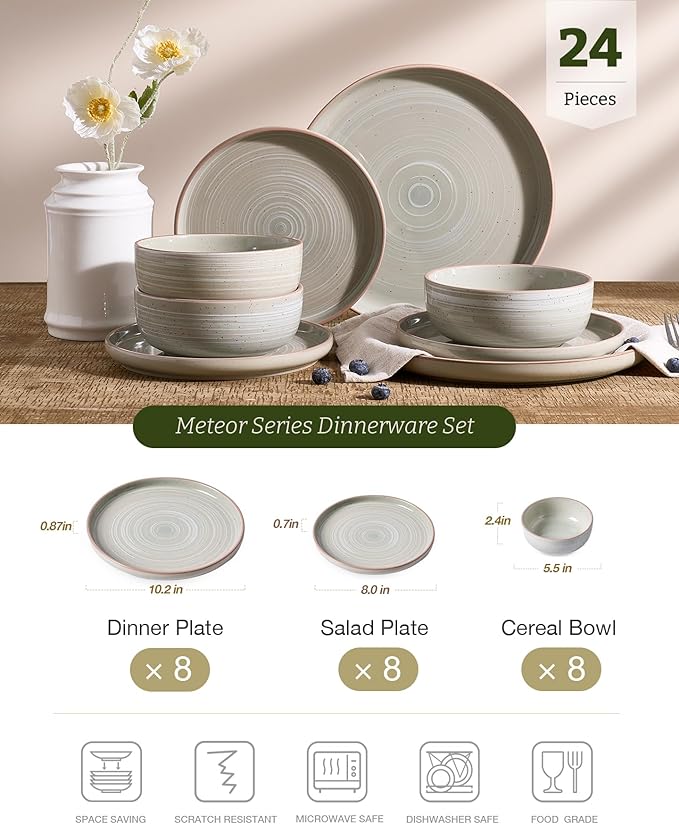 Famiware Meteor Plates and Bowls Sets, 24-Piece Stoneware Dinnerware Sets, Dishes Set for 8, Microwave and Dishwasher Safe Tableware, Matcha Green