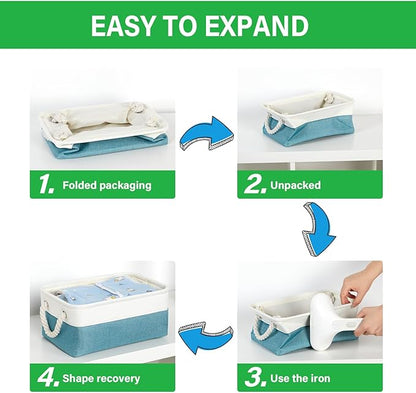 Bidtakay Small Storage Baskets for Shelves 3 Pack Fabric Storage Bins for Organizing Linen Collapsible Organizer for Closet-White&Teal