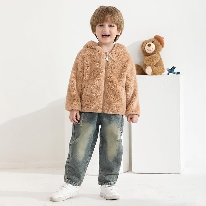 Baby Toddler Boys Girls Fleece Jacket with Hood Zip Up Cute Bear Coats for Infant Boys Girls Fuzzy Jacket with Ear 1-5T