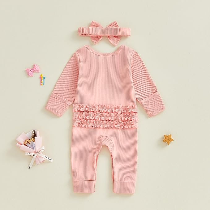 WZTYYDS Newborn Baby Girl Clothes Ribbed Romper Print Long Sleeve Jumpsuits Bow Headband Set Infant One-piece Outfits