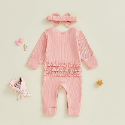 WZTYYDS Newborn Baby Girl Clothes Ribbed Romper Print Long Sleeve Jumpsuits Bow Headband Set Infant One-piece Outfits