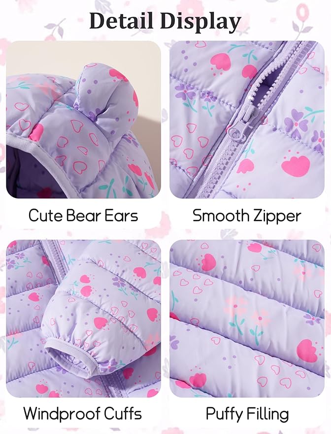 Happy Cherry Infant Baby Cute Cartoon Prints Winter Jacket Bear Ear Hood Warm Puffer Coat 6M-4T