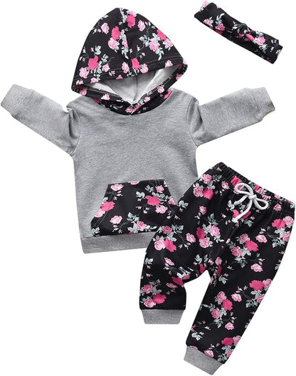 Eghunooy Baby Girl Clothes Long Sleeve Floral Hoodie Sweatshirt Pants with Pocket Headband Outfit Sets