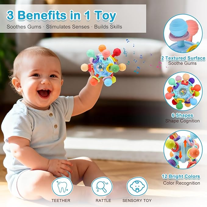 2 Pack Baby Teething Toys for 0-6 6-12 Months, Silicone Soothing Baby Teether Toys & Montessori Sensory Toys for Boy Girl, Safe and Durable Teething Toys for Newborn Infant