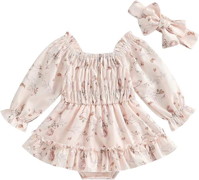 2pcs Infant Baby Girls Romper Dress Headband Long Sleeve Clothing Flowers Newborn Boho Girl Outfit Jumpsuit Clothes
