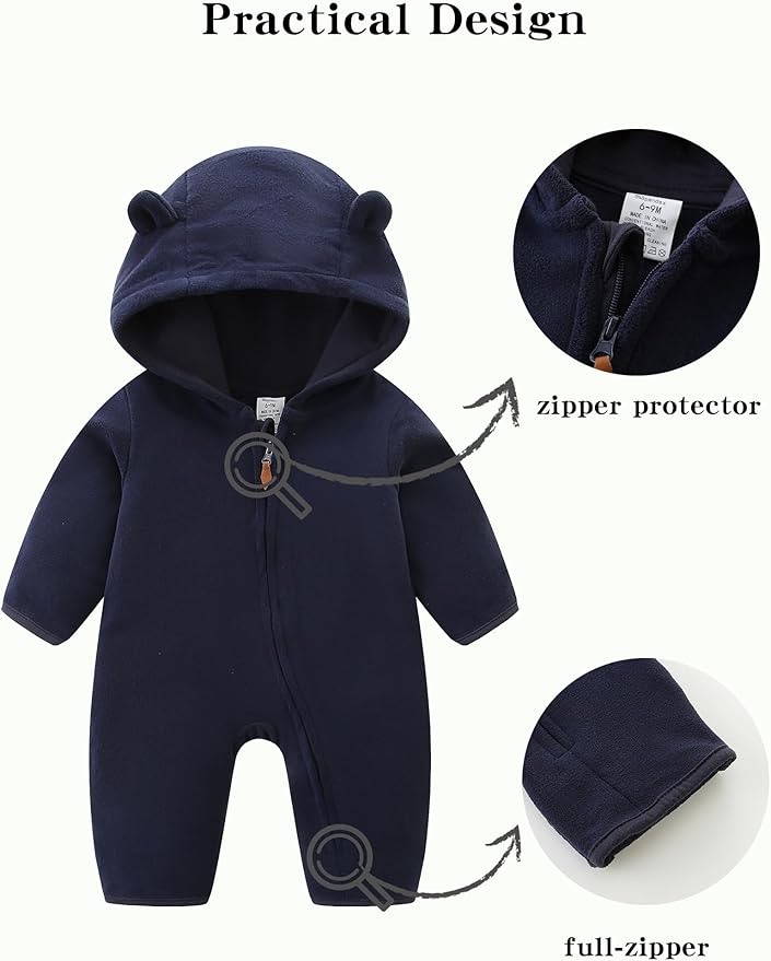 Newborn Baby Bear Onesie Winter Snowsuit With Fold-over Mittens & Footies Zip Up Baby Fleece Jumpsuit 0-18M