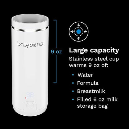 Baby Brezza Portable Warmer – 3X Faster Baby Bottle Warming - Travel Breastmilk and Formula Warmer - Safe, Even Heating - Up to 9oz - No Adapters, White