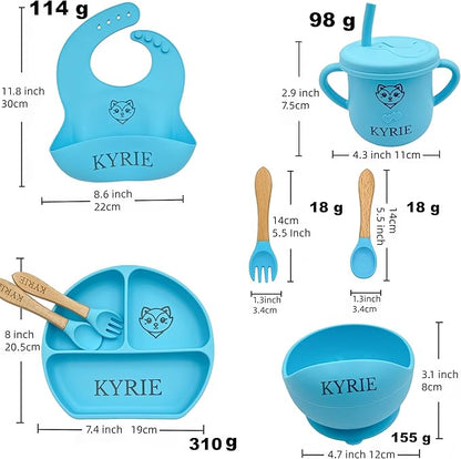 Personalized Name Food Grade 6pcs Baby Feeding Set with Spoon, Fork,Silicone Suction Bowls,Cup,Plate,and bib BPA Free - First Stage Self Feed (Color Blue Y9)