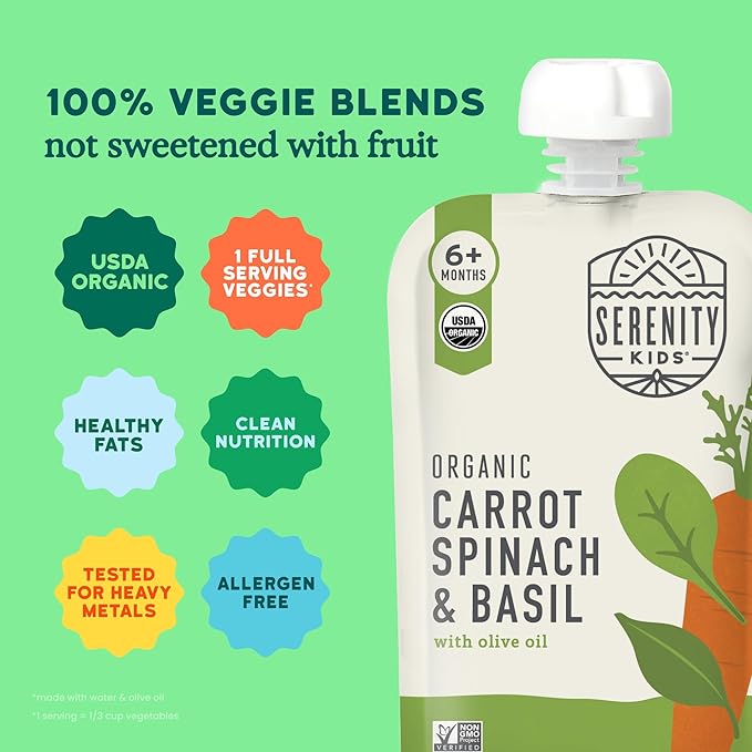 Serenity Kids 6+ Month Veggie Puree Baby Food Pouches - Carrot, Spinach & Basil - USDA Organic Baby Food - No Added Sugar Snack Pouch - On-the-Go Toddler Snacks - 3.5 Oz, 6 Pack