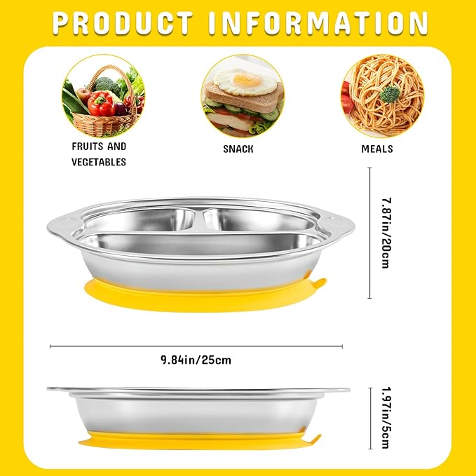 Stainless Steel Baby Suction Plates: Divided Plates for Babies and Toddlers, Made of 100% Food-Grade Materials Ideal for Baby-Led Weaning BPA-Free Toddler Feeding Dishwasher Safe Yellow