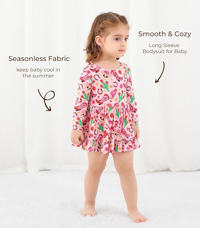 Baby Girl Bodysuit Dress Long Sleeve Twirl Dresses Bamboo Viscose Clothes with Snaps for Easy Diaper Changes