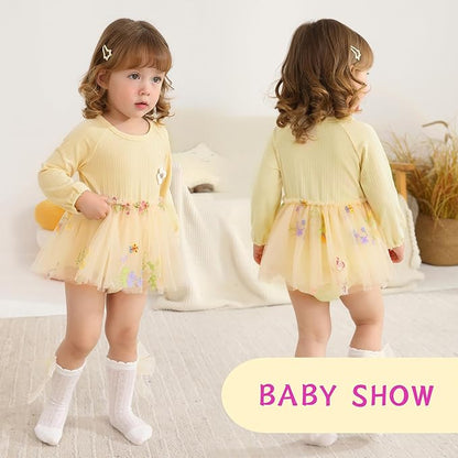 YOUNGER TREE Newborn Baby Girl Romper Dress Outfits Long Sleeve Floral Tutu Bodysuit with Leggings Hat Infant Fall Clothes