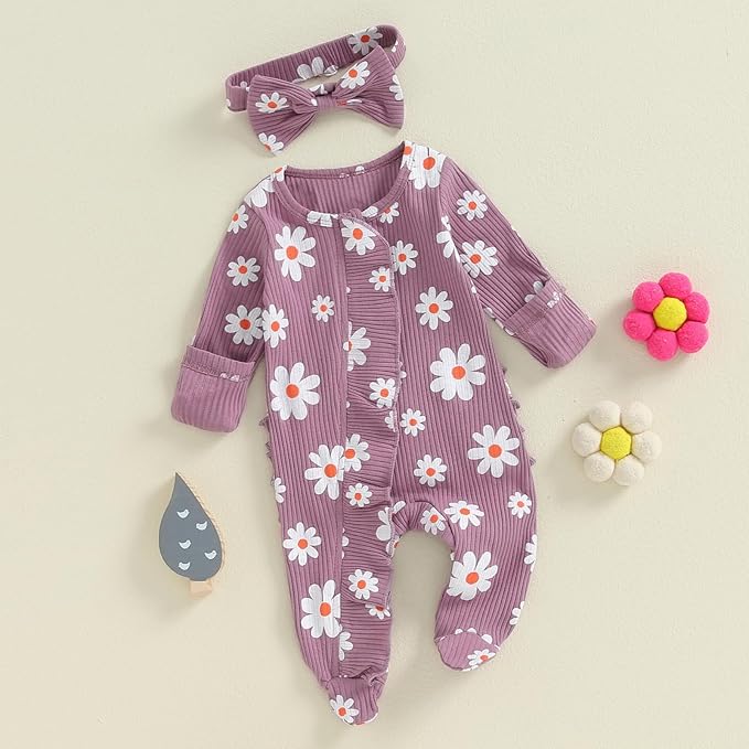 Newborn Baby Girl Fall Winter Outfits Clothes Knit Jumpsuit Ruffle Romper Newborn Coming Home Outfit for Baby Girl