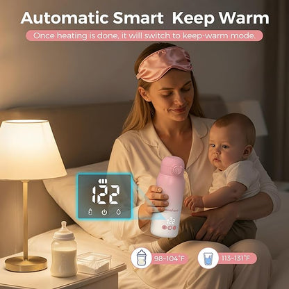 Portable Bottle Warmer for Travel, Dual Heating Modes for Breastmilk & Water, Portable Bottle Milk Warmer with Fast Heating & Long Battery Life, 12 Ounces Large Capacity (Pink)