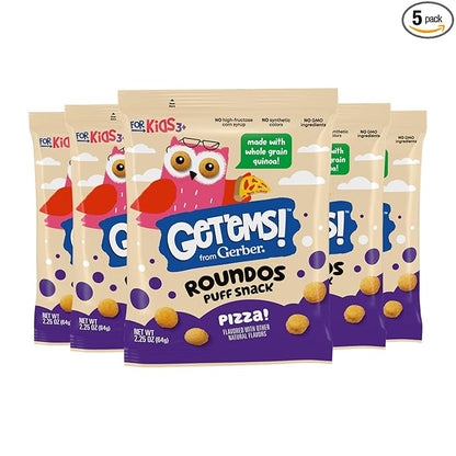 Get'ems! from Gerber, Snacks for Kids, Pizza Roundos Puffs, Made with Whole Grain Quinoa, Calcium to Support Strong Bones - 5 pack