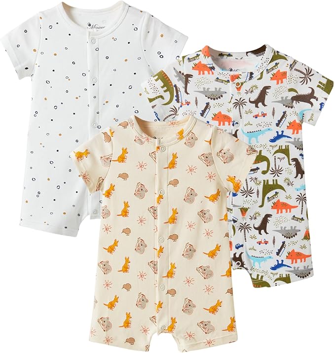 3-Pack 100% Cotton Baby Boy Rompers,0-24Months Short Sleeve Toddler Romper,Breathable Spring/Summer Clothes