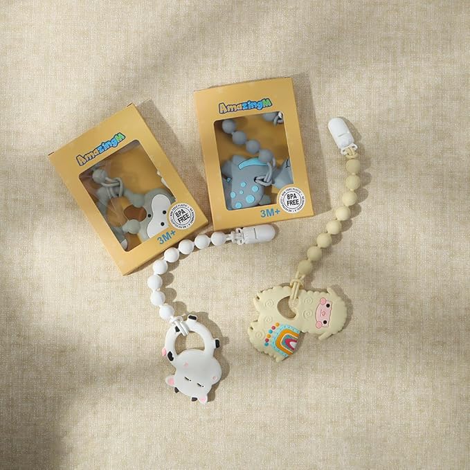 Baby Food Grade Silicone Teether Toy with Pacifier Clip Holder,Teething Toys Gift Set for 3 Months+ Boys and Girls,Freezer Safe,BPA Free. (Cow)