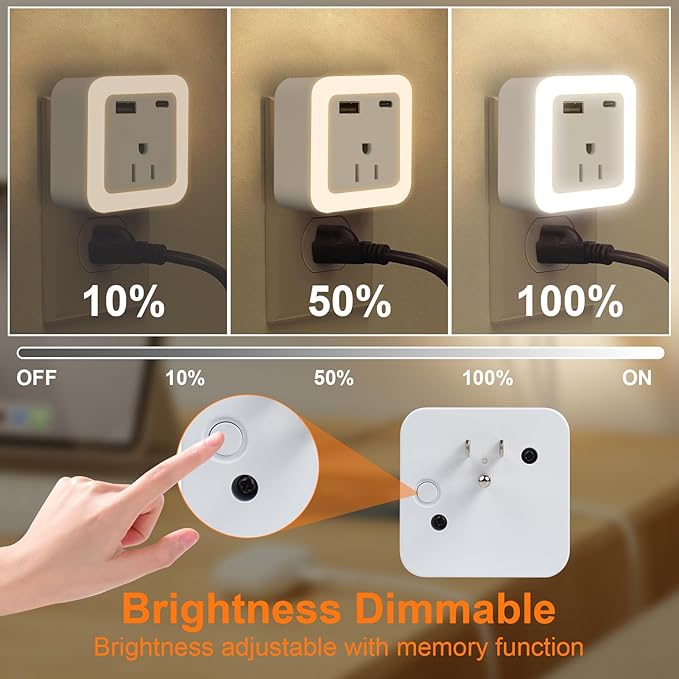 JackonLux Night Lights Plug Into Wall 2 Pack Rechargeable Battery Backup Light Dusk to Dawn Sensor Night Light with Outlet Expander for Adults Kids Bedroom, Kitchen, and Bathroom (Soft White - 3000K)