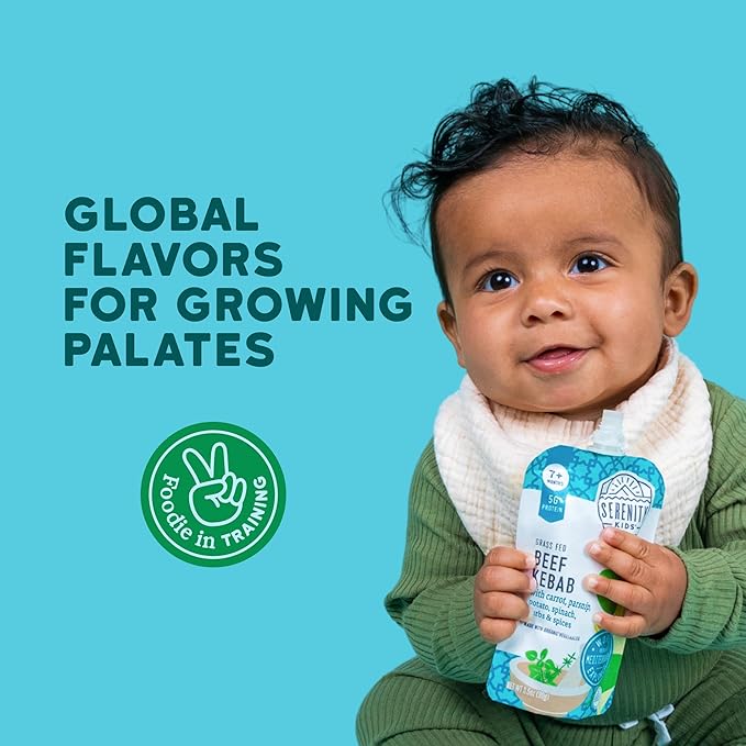 Serenity Kids 7+ Months World Explorers Beef Kebab Baby Food Pouches - 3.5 oz, Pack of 6-5g Protein Baby Food with Meat - Snack with Grass-Fed Beef & Veggies - Convenient On-The-Go Toddler Snacks
