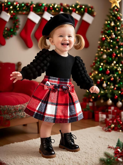 Toddler Baby Girl Plaid Dress Puff Sleeve Bow Patchwork Ribbed Shirts Dress Plaid Fall Winter Outfits with Headband