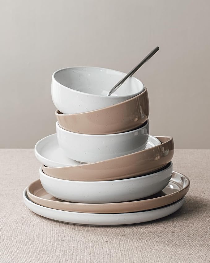 Famiware Milkyway Plates and Bowls Sets, 12 Pieces Stoneware Dinnerware Sets, Dishes Set for 4, White & Cinnamon Brown