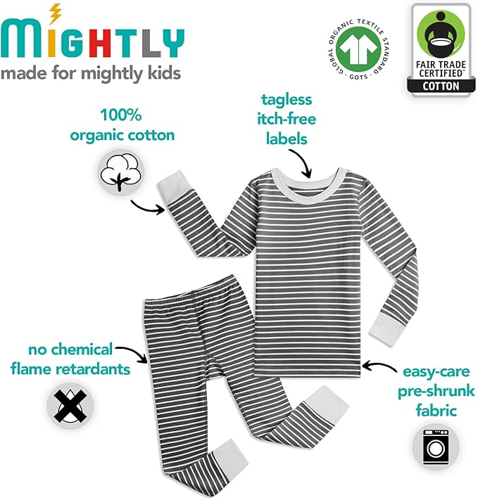 Mightly Boys and Girls' Pajamas | 100% Organic Cotton Soft, Elastic and Comfortable Footless Pajama Set for Toddlers & Kids