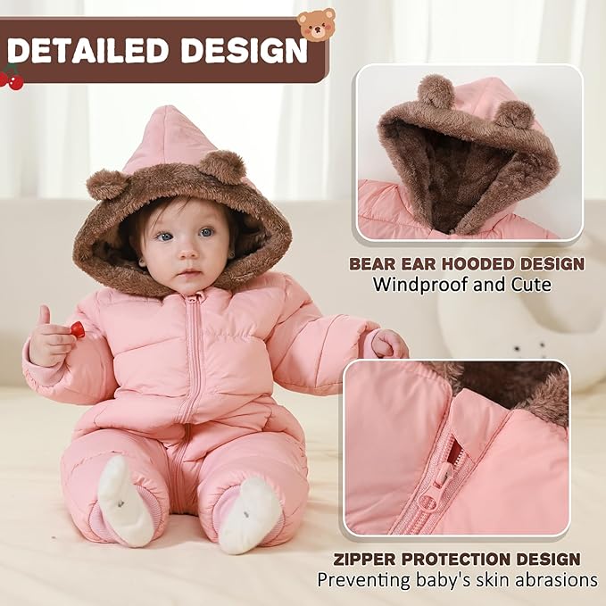 Baby Boys Girls Snowsuit Winter Clothes Suit Hooded Jumpsuit Romper Bear Outfit Infant Warm Coat Outwear Overcoat