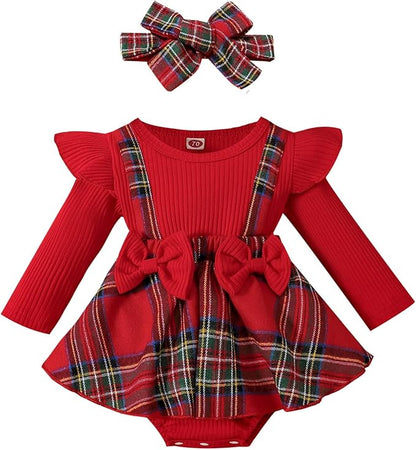 Newborn Christmas Outfit Baby Girl Plaid Romper Dress Infant Ruffle Long Sleeve Ribbed Bodysuit Headband Clothes