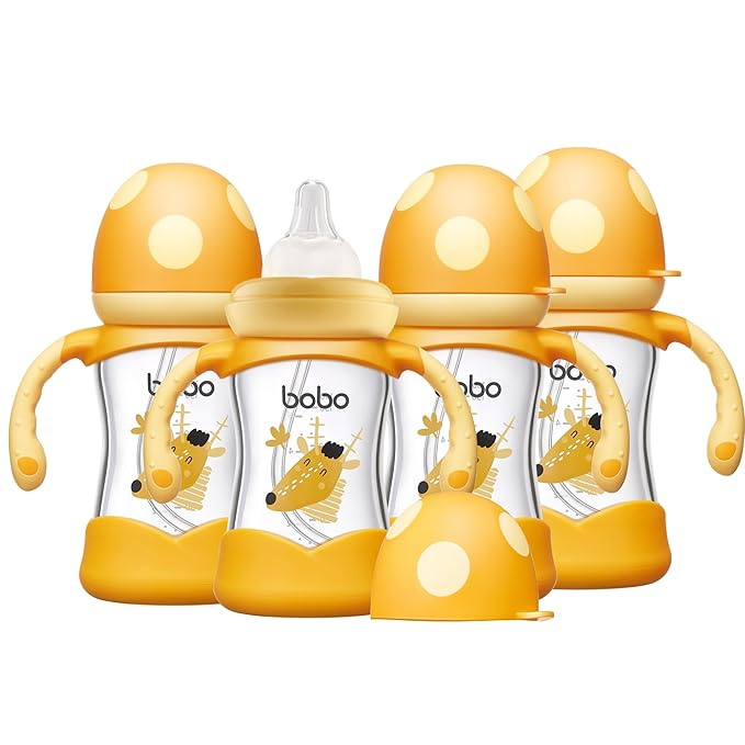 YOHKOH Natural Glass Baby Bottle with Natural Response Nipple, Wide Neck Baby Bottles with Handle, Newborn Anti-Colic Baby Bottles Gift Set, Clear (5.4oz (Pack of 4), Yellow)