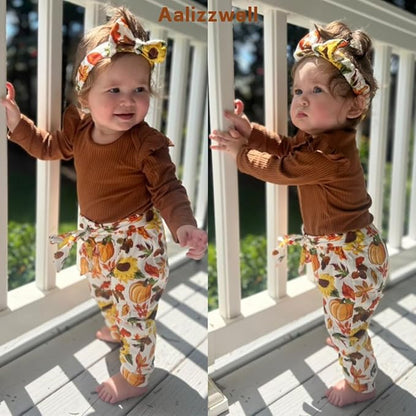 Aalizzwell Preemie Newborn Infant Baby Girls Clothes Ribbed Romper Bodysuit Pants Set Fall Winter Outfits