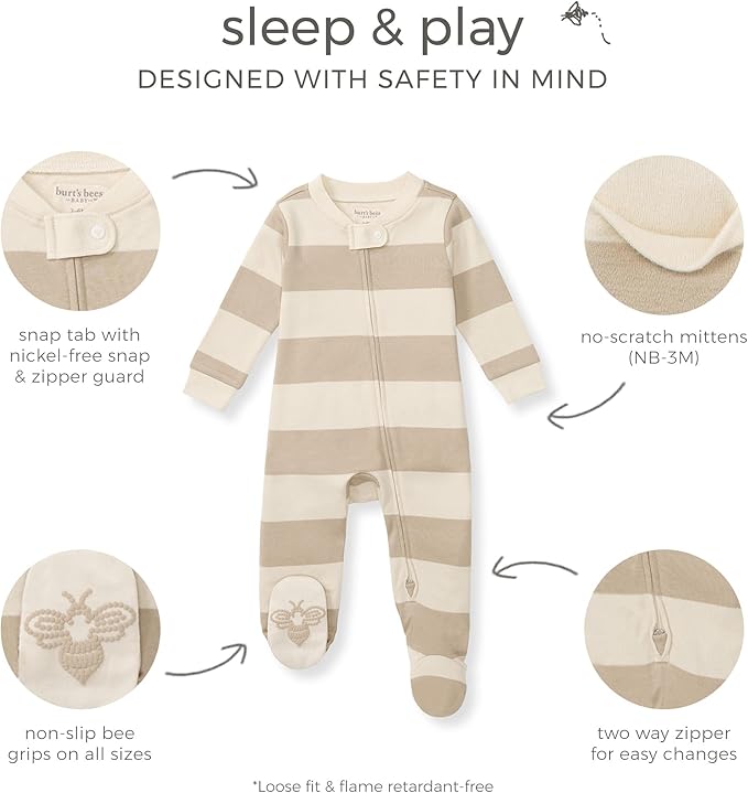 Burt's Bees Baby Boys Sleep and Play PJs, 100% Organic Cotton One-Piece Zip Front Romper Jumpsuit Pajamas