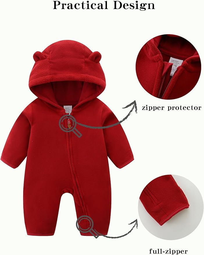 Newborn Baby Bear Onesie Winter Snowsuit With Fold-over Mittens & Footies Zip Up Baby Fleece Jumpsuit 0-18M