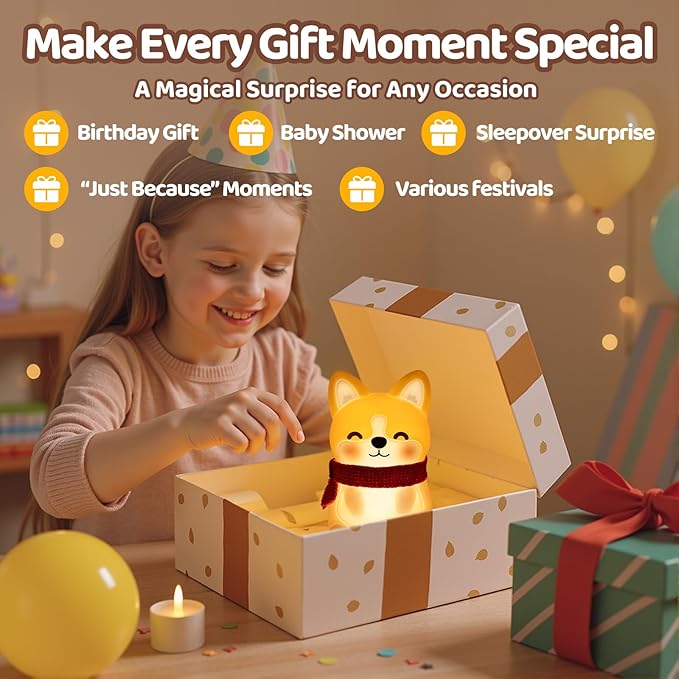Mewaii Huggwaii Corgi Dog Night Light for Kids, 3 Brightness Levels Silicone Nursery Dog Lamp, 30 Min Timer&Rechargeable Cute Puppy Kids Night Light for Bedroom,Corgi Gifts for Boys,Baby Room Decor