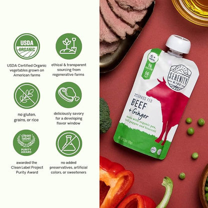 Serenity Kids 6+ Months Baby Food Pouches Puree Made With Ethically Sourced Meats & Organic Veggies | 3.5 Ounce BPA-Free Pouch | Grass Fed Beef & Ginger, Pea, Bell Pepper, Broccoli | 1 Count
