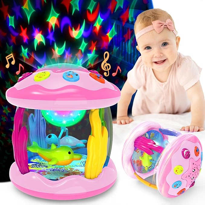Baby Toys 6-12 Months - Musical Light Up Rotating Toys, Pink Ocean Projector for Infant 9-12-18 Month, Learning Visual & Hearing & Crawling Skill, Birthday Gifts for Toddler Boys Girls 1 2 3 Years Old