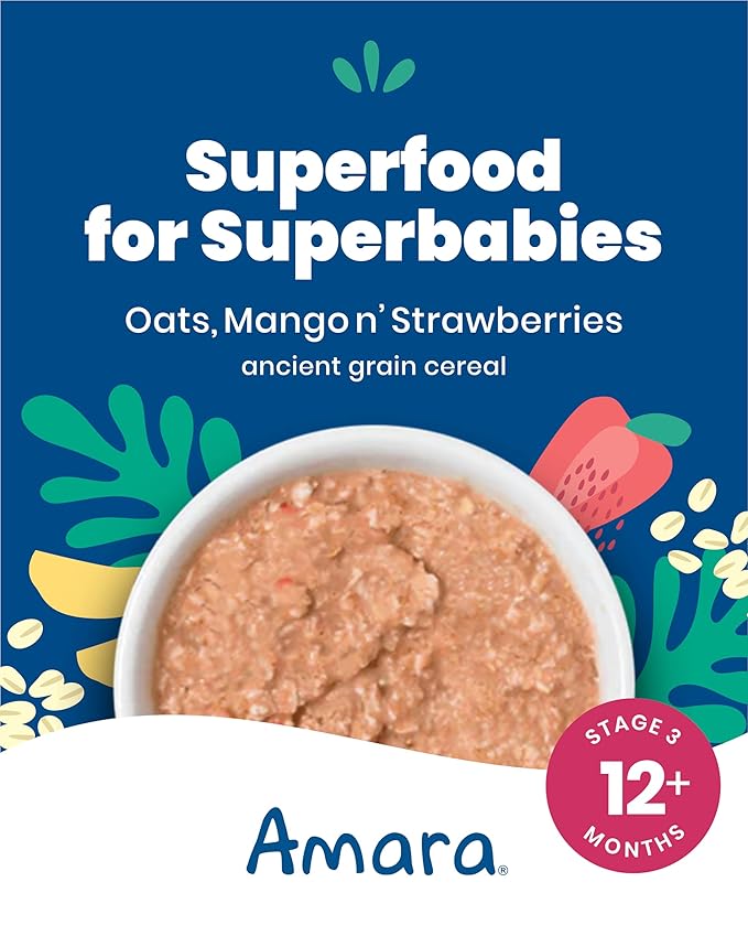 Amara Organic Baby Food - Stage 3 - Ancient Grain - Baby Cereal to Mix With Breastmilk, Water or Baby Formula - Shelf Stable Baby Food Made from Organic Fruit & Veggies - 5 Pouches, 3.5oz Per Serving