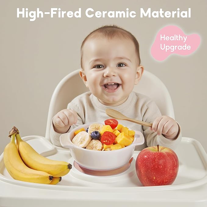 Ceramic Suction Bowl for Babies and Toddlers, Non-Slip Silicone Suction Cup, BPA-Free Lids, Independent feeding, First Stage Self Feeding Essential, Baby-Led Weaning Snack Feeder