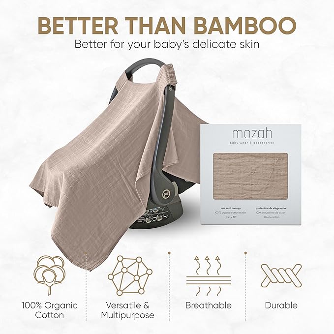 MOZAH Baby Car Seat Cover - Warm Taupe - 100% Organic Muslin - Soft, Breathable and Lightweight, Baby Infant Car Seat Essentials