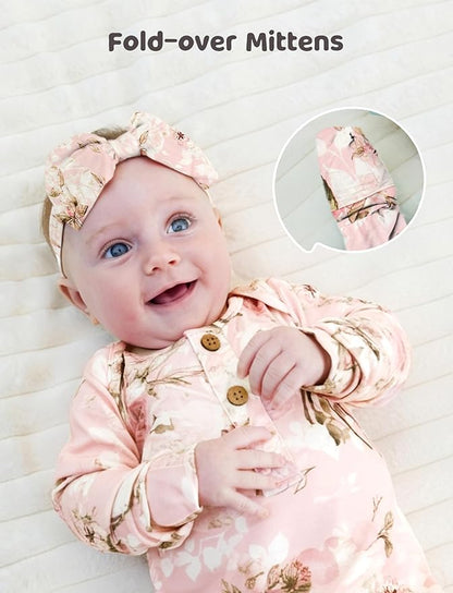 PATPAT Baby Sleeper Gown with Bamboo Viscose for Newborn Girls Boys, Knotted Nightgown with Mittens for Infant Home Coming