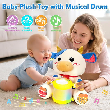 V-Opitos Stuffed Cow Musical Toys for Baby 6-12 Months+, Early Learning Light up Music Drum, Perfect Christmas Birthday Gifts for Boy & Girl Age 1, 2 Years Old