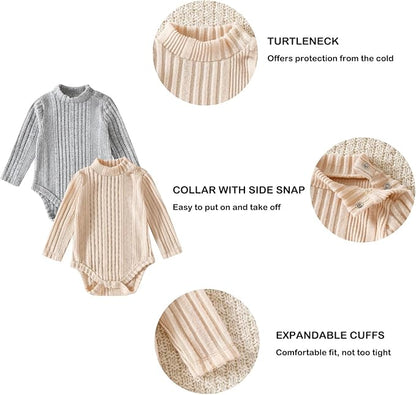 DEFAHN Baby Turtleneck Bodysuit Long Sleeve Boy Girl Ribbed Knit Jumpsuit Outfit 2 Pack Baby Solid Onsies 0-24 Months