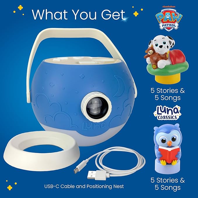 Kids Book Projector – 5 PAW Patrol & 5 Classic Read-Aloud Stories, 10 Songs & Night Light & Soothing Dream Music | Children Ages 3+ Storytime Projector | Toys, Owl & PAW Patrol Marshall