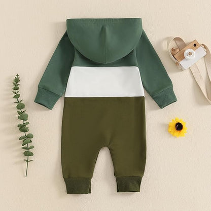 BemeyourBBs Newborn Baby Boy Clothes Color Block Long Sleeve Zipper Hooded Romper with Pocket Fall Winter One Piece Outfits