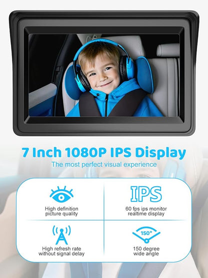 Car Camera for Baby, 7” 1080P HD Screen Baby Car Camera with IR Night Vision, 360° Rotating Adjustable Cam for Rear Facing Seat Backseat, Plug and Play Easy Install (Blue)