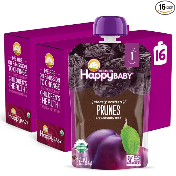 Happy Baby Organics Clearly Crafted Stage 1 Baby Food Pouches, Prunes, 3.5 Ounce Pouch (Pack of 16)