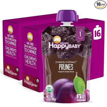 Happy Baby Organics Clearly Crafted Stage 1 Baby Food Pouches, Prunes, 3.5 Ounce Pouch (Pack of 16)