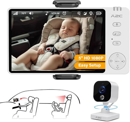 A2C Baby Car Camera, 5" 1080P HD Baby Monitor with Night Vision & VOX Mode, Rear-Facing Car Seat Monitor for Backseat & Home, 1000FT Range, USB Powered Plug & Play (No WiFi Needed)