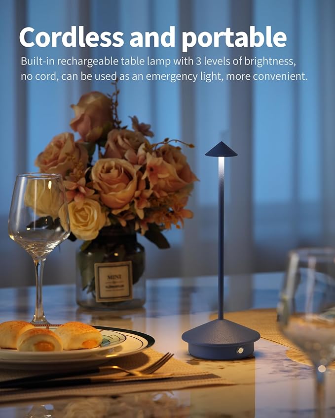 Modern Cordless Table Lamp Set of 2, Portable LED Desk Lamps, 4000mAh Rechargeable Battery Operated Lighting for Bedroom Dining Room Restaurant Coffee Shop Outdoor Camping Night Light (Blue)